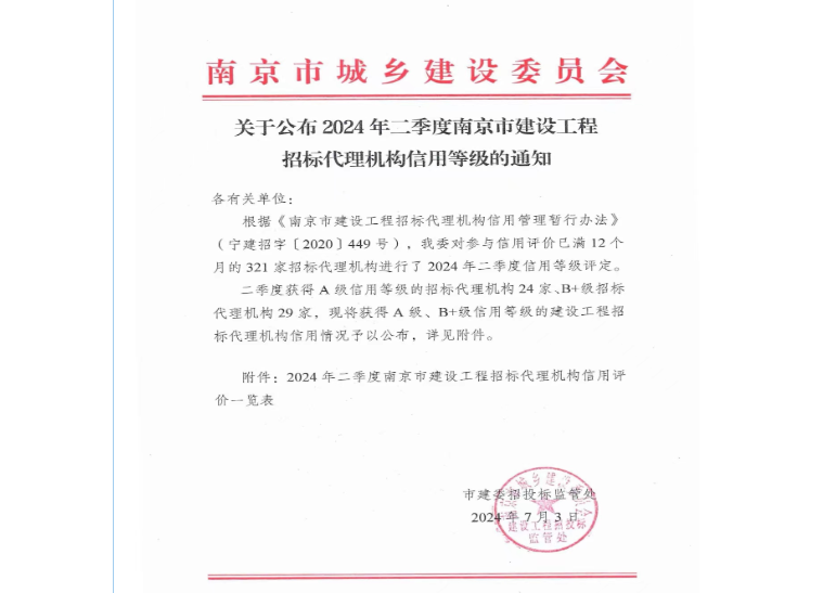 我司在2024年第二季度南京市建设工程招标代理机构动态信用评价中排名靠前！