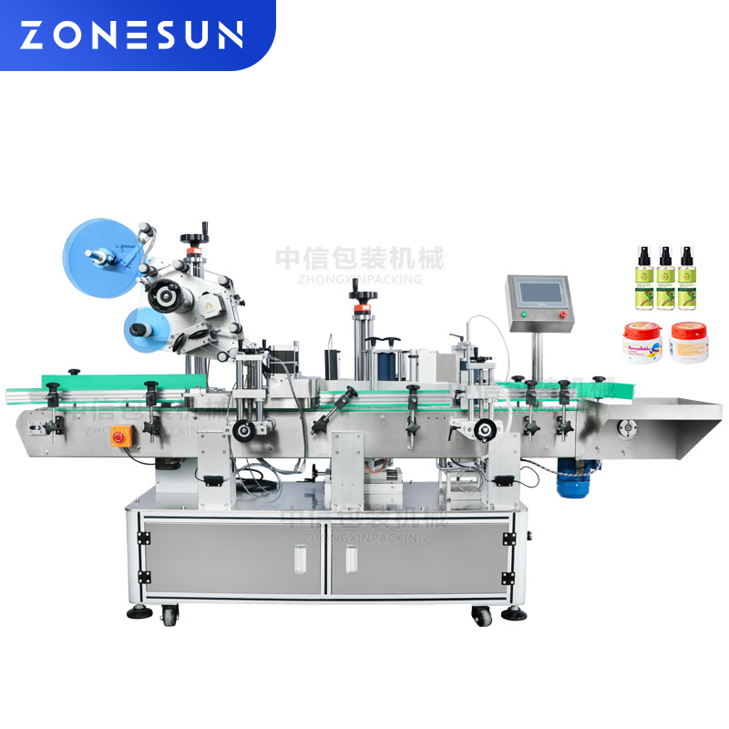 ZS-TB822D 全自动圆瓶圆罐贴标机老干妈玻璃瓶盖和瓶身自动贴标机
