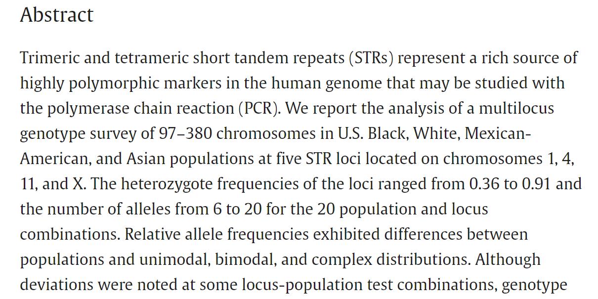 Genetic variation at five trimeric and tetrameric tandem repeat loci in four human population groups