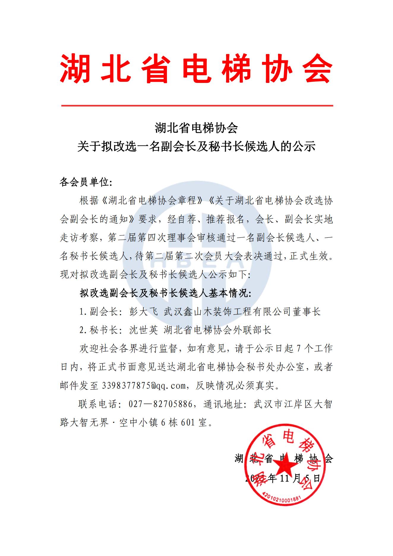 湖北省电梯协会关于拟改选一名副会长及秘书长候选人的公示