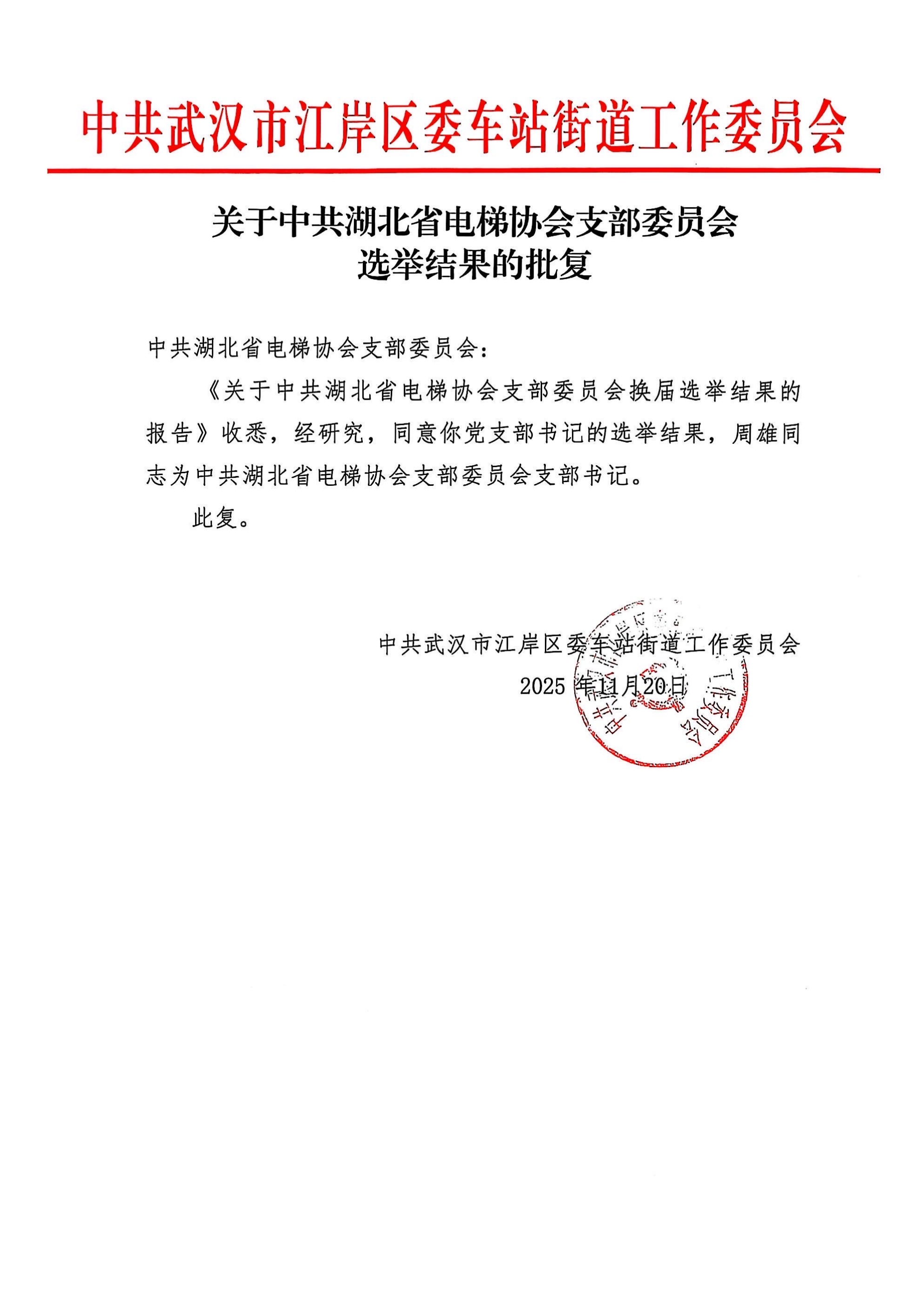 关于中共湖北省电梯协会支部委员会选举结果的批复