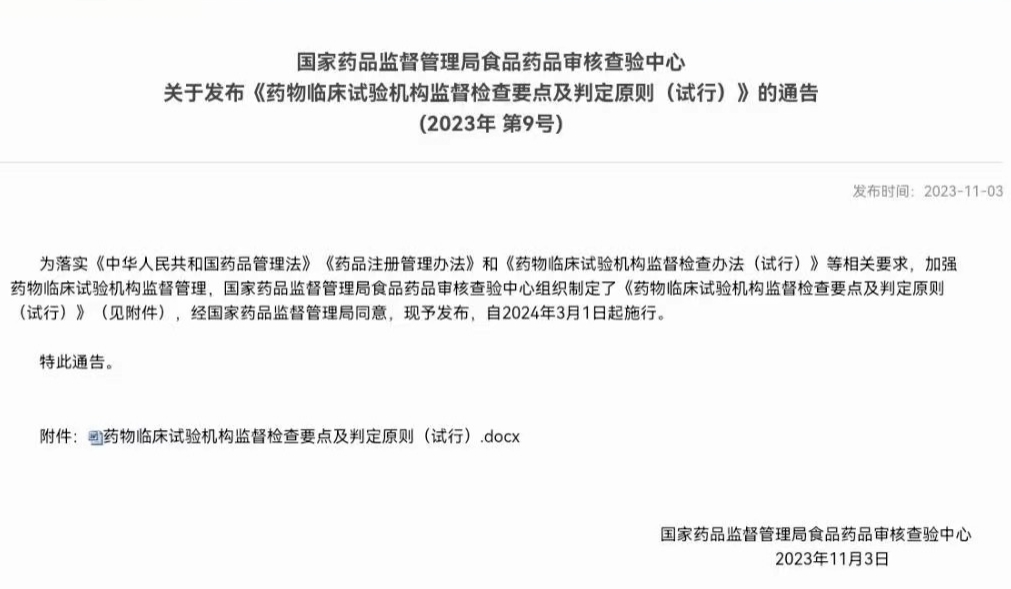 国家药品监督管理局食品药品审核查验中心关于发布《药物临床试验机构监督检查...