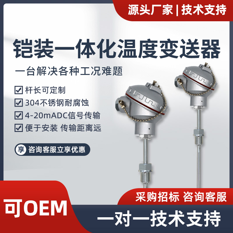 防爆铠装一体化温度传感变送器4-20ma热电阻管道耐高温隔爆