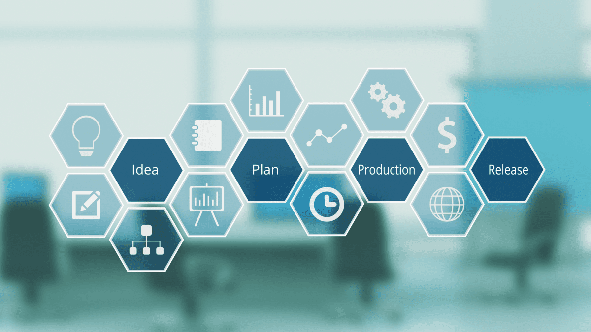 hexagon-grid-with-icon-and-keywords-about-project-management-and-life-cycle-corporate-office-on-background