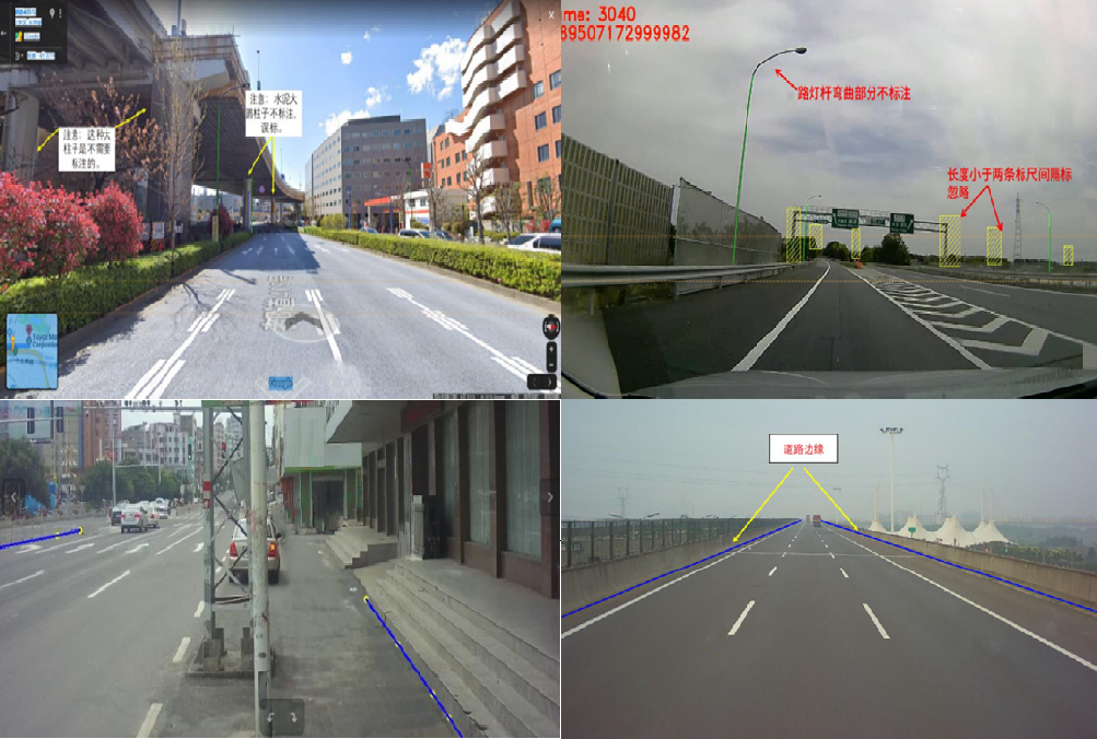 画像上の路側周辺に存在する通用杆と路灯杆の路側端について、ルールに基づいて線を引いて注釈を付ける。