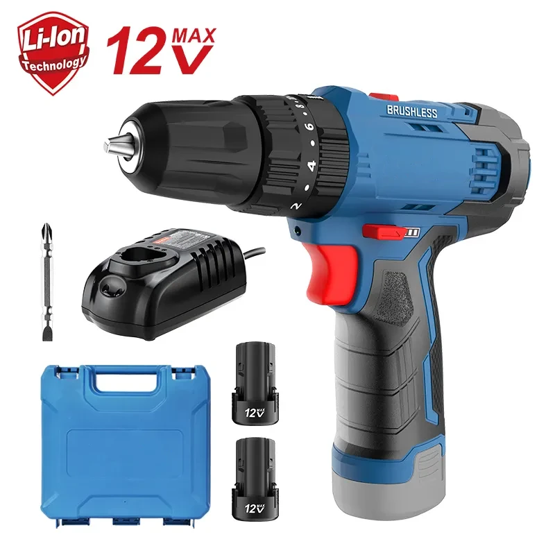 12V Multi Function Cordless Brushless Hammer Drill Driver Set With case 2 Batteries Impact Drill Combo Kit