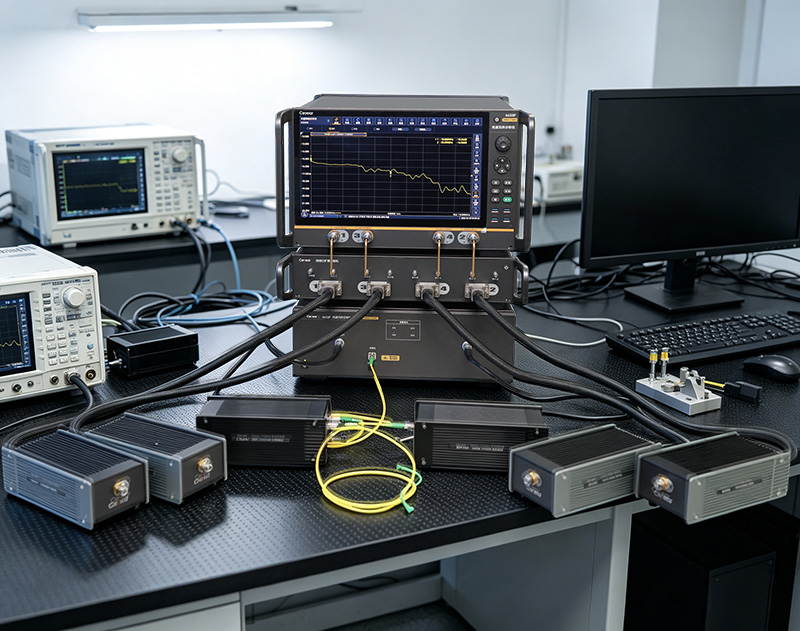 面向高速电光、光电及光光器件调制特性测试，频率覆盖 10MHz‑110GHz，集成电电、电光、光电、光光四类测试模式。
