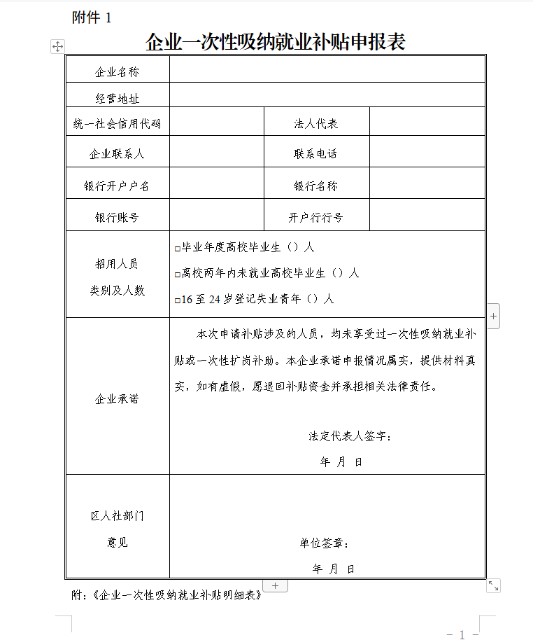 企业一次性吸纳就业补贴申报表-薪税保人力