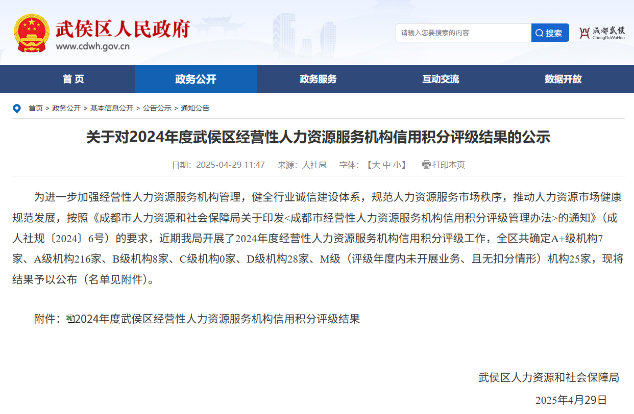 薪税保人力获评2024年度成都市武侯区经营性人力资源服务机构最高信用评级A+级