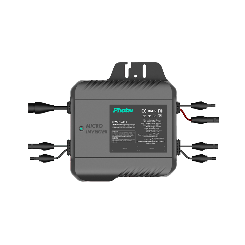 額定輸出功率：1.5kW
最大輸入電壓：60V
內(nèi)置2組MPPT組件級(jí)控制；
支持外接2個(gè)PV光伏組件;
支持外接電池（48V），離網(wǎng)工作；
支持安規(guī)、EMC、Rohs2.0、IP67認(rèn)證