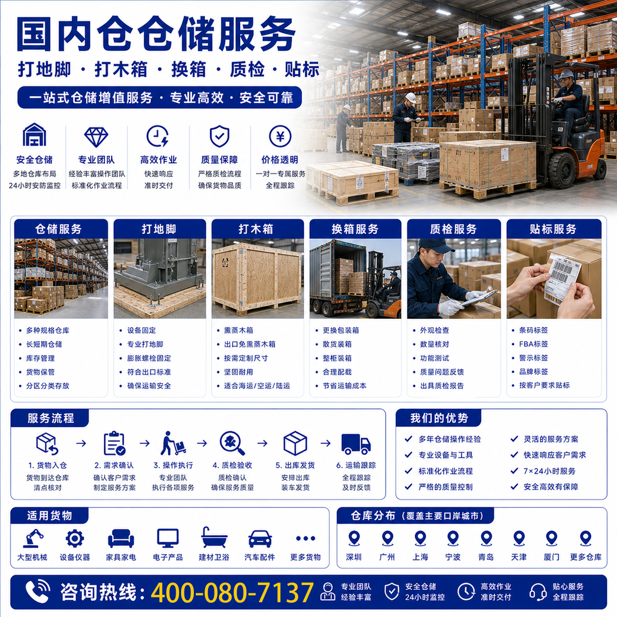 国内仓仓储、打地脚、打木箱、换箱、质检、贴标