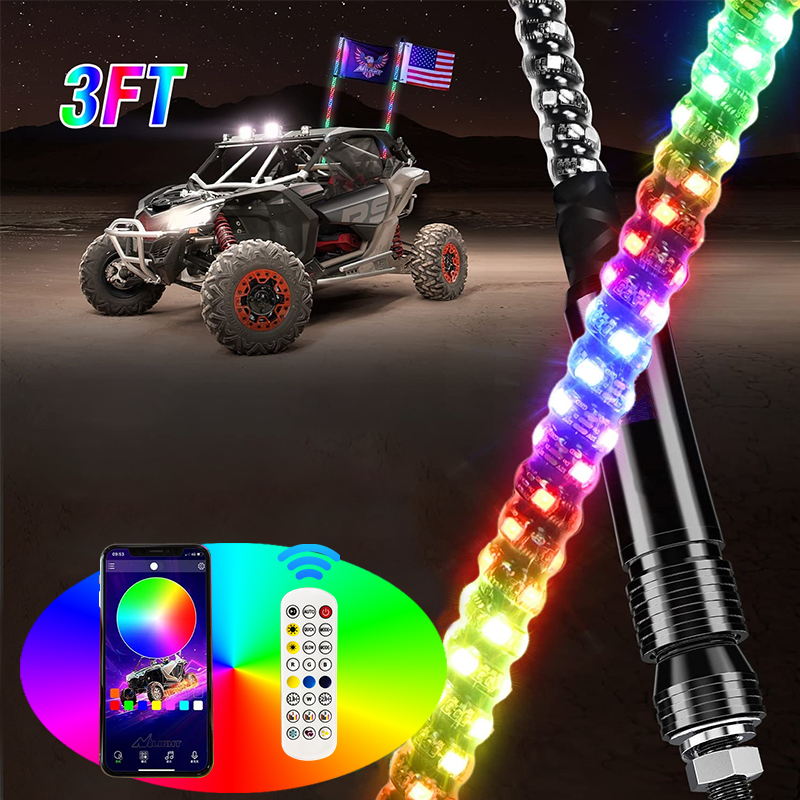 3ft/3ft  Waterproof Spiral RGB Led Tail Whips Buggy Warning Spring Antenna Led Whip Lights for UTV ATV Led Whip Flag