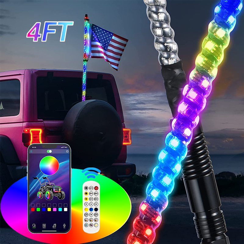 4ft/4ft  Waterproof Spiral RGB Led Tail Whips Buggy Warning Spring Antenna Led Whip Lights for UTV ATV Led Whip Flag