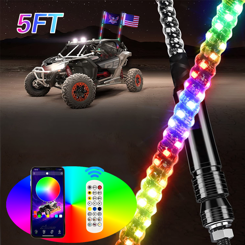 5ft/5ft  Waterproof Spiral RGB Led Tail Whips Buggy Warning Spring Antenna Led Whip Lights for UTV ATV Led Whip Flag