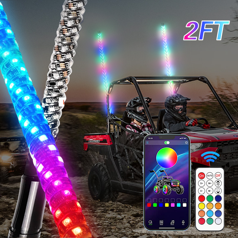 2ft  Waterproof Spiral RGB Led Tail Whips Buggy Warning Spring Antenna Led Whip Lights for UTV ATV Led Whip Flag