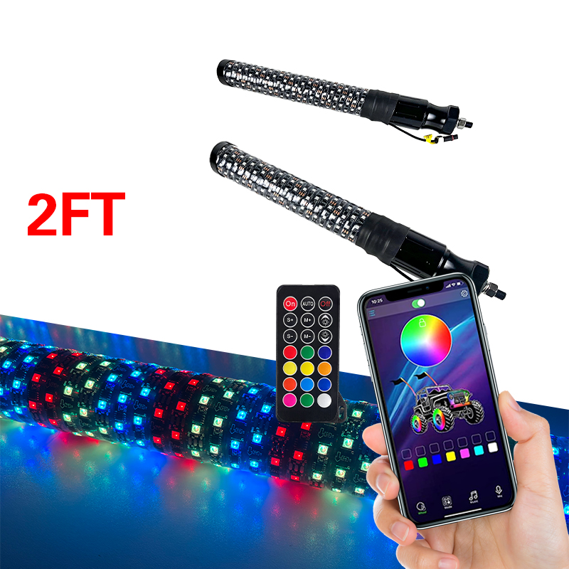 2ft APP Remote Control RGB Sprial Flashing Antena Led 1FT 2FT 3FT Fat Led Whip Lights For Off-Road ATV UTV RZR