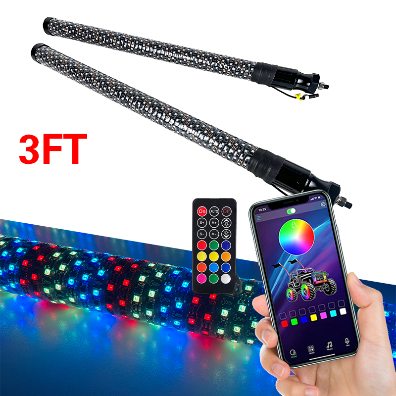 3ft APP Remote Control RGB Sprial Flashing Antena Led 1FT 2FT 3FT Fat Led Whip Lights For Off-Road ATV UTV RZR
