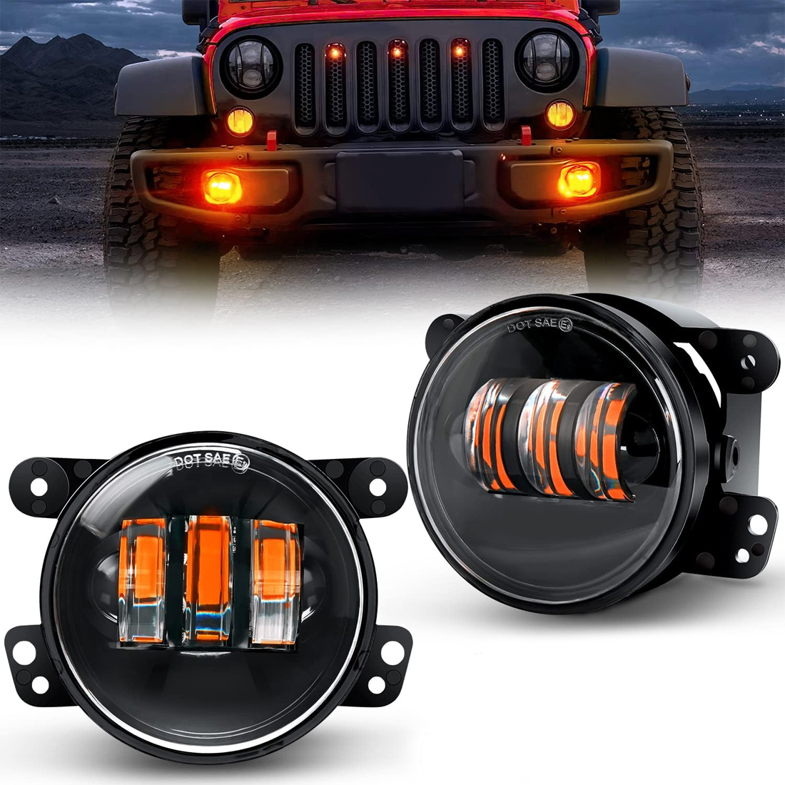 4 Inch LED Fog Light Assembly Compatible with 2007-2018 Jeep Wrangler JK Unlimited JKU with Conversion Cables Front Bumper Replacement 60W Driving Offroad Amber LED Foglights