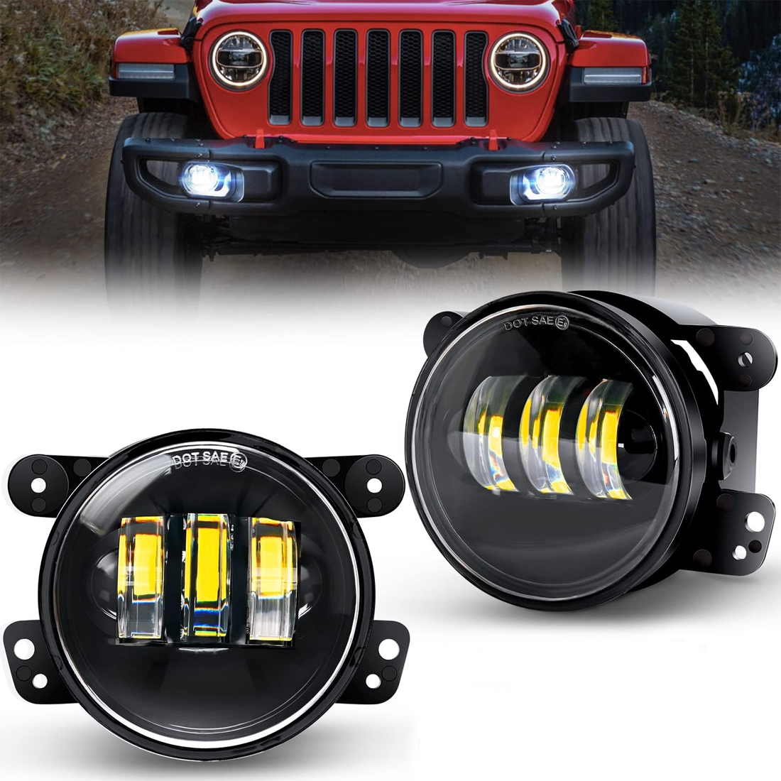 4 Inch LED Fog Light Assembly Compatible with 2007-2018 Jeep Wrangler JK Unlimited JKU with Conversion Cables Front Bumper Replacement 60W Driving Offroad White LED Foglights