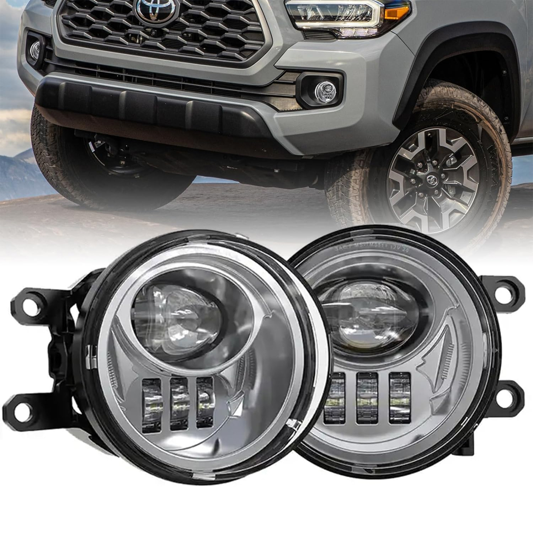 Chrome LED Fog Lights Assembly for Toyota Tacoma 4Runner Tundra Camry Corolla RAV4 C-HR Highlander Sienna | Lexus | Scion Front Bumper Round Driving Fog Lamps Replacement w/Bracket - Silver