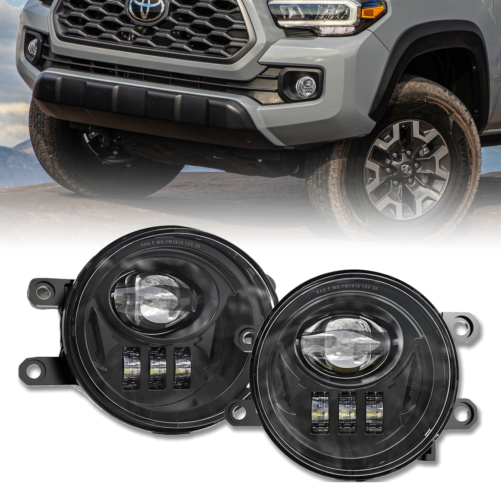 Chrome LED Fog Lights Assembly for Toyota Tacoma 4Runner Tundra Camry Corolla RAV4 C-HR Highlander Sienna | Lexus | Scion Front Bumper Round Driving Fog Lamps Replacement w/Bracket - black