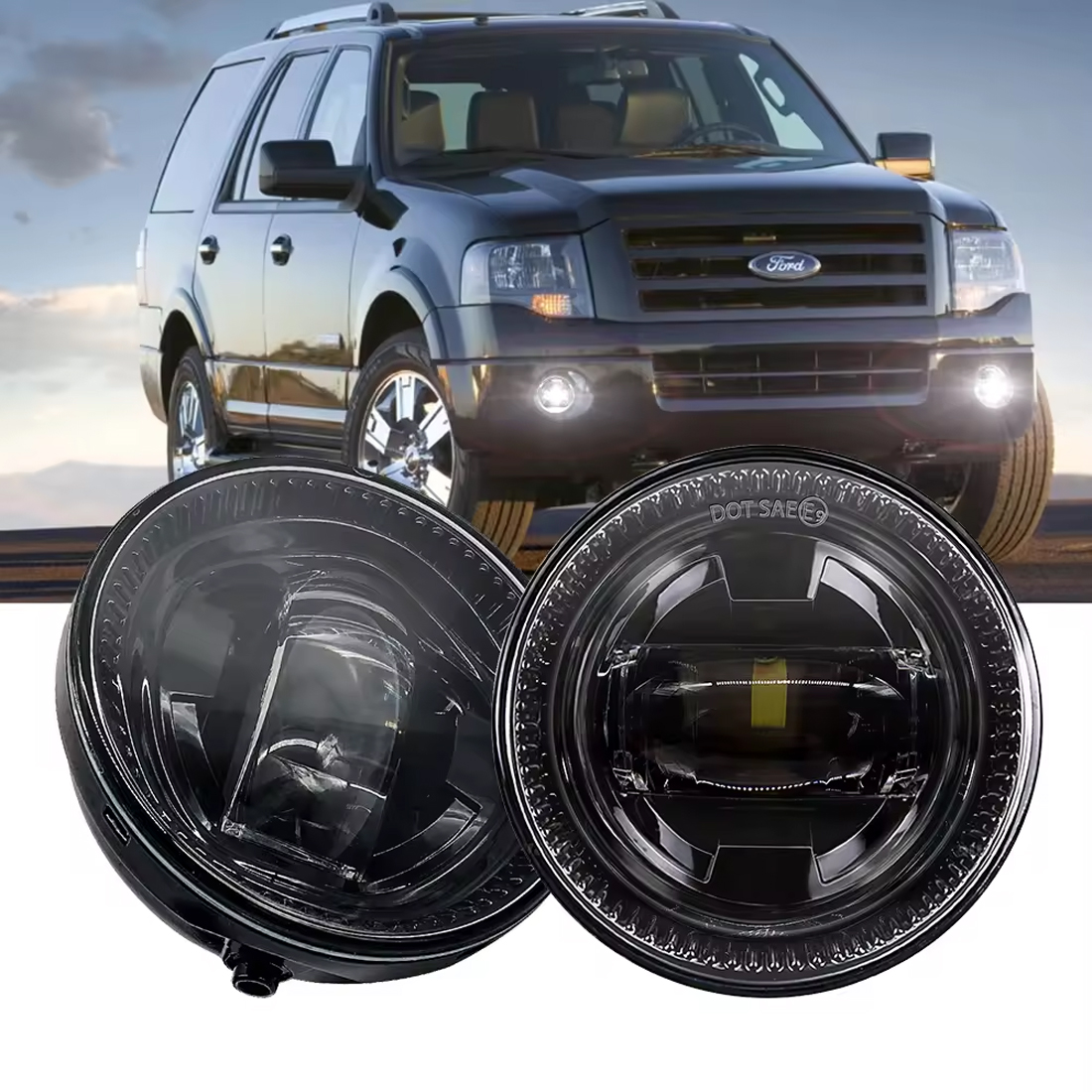 DOT EMARK Approved Round Black LED Fog Lights Assembly Lamps Replacement for Ford F150 2007-2014 (2pcs)