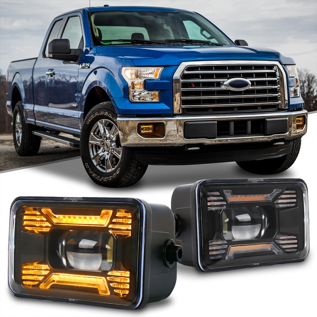 LED Fog Lights F150 Fog Lights with Amber DRL/Turn Signal Rectangular Fog Lights Assembly kit Compatible with Ford F150 2015-2020 Super Duty 2017-2018 1Pair