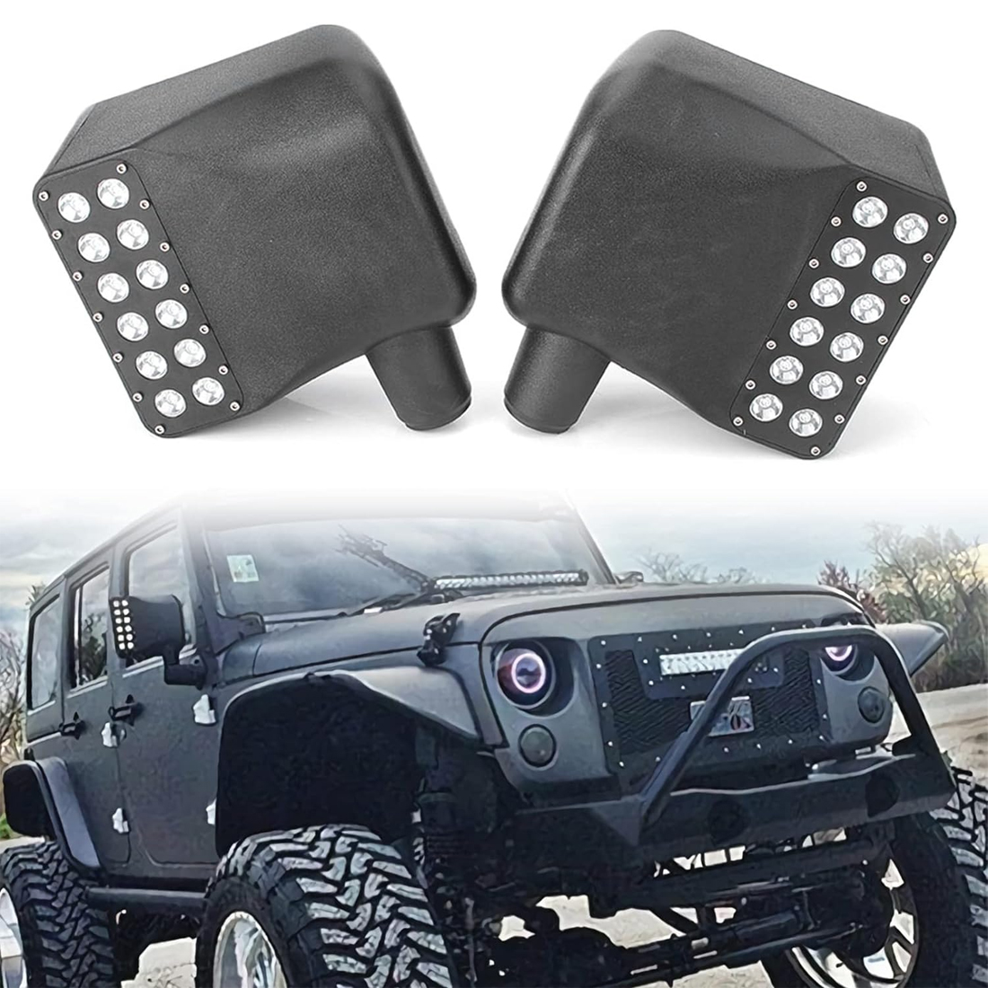 Side View Mirror Housing with LED White DRL Amber Turn Signals Light Fit for Jeep Wrangler JK JKU 2007-2018 (1 Pair)