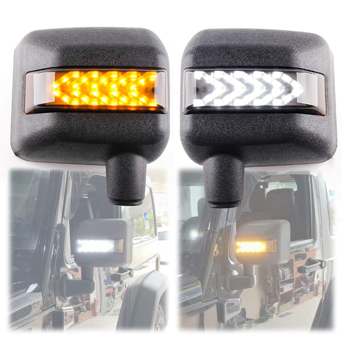 LED Side Mirror with Amber Sequential Turn Signal Lights and White Daytime Running Lights Fit for Jeep Wrangler JK JKU 2007-2018 (1 Pair)