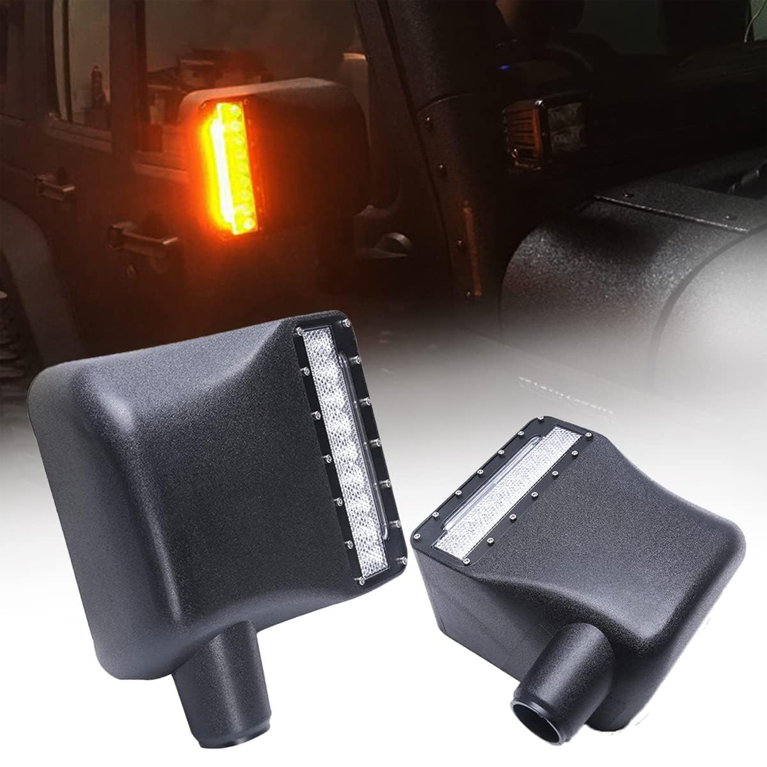 Side Mirror Lights Rear View Mirrors Housing with White LED Spot Lights Amber Turn Signal Light Fit for Jeep Wrangler JK JKU 2007-2018 (1 Pair)
