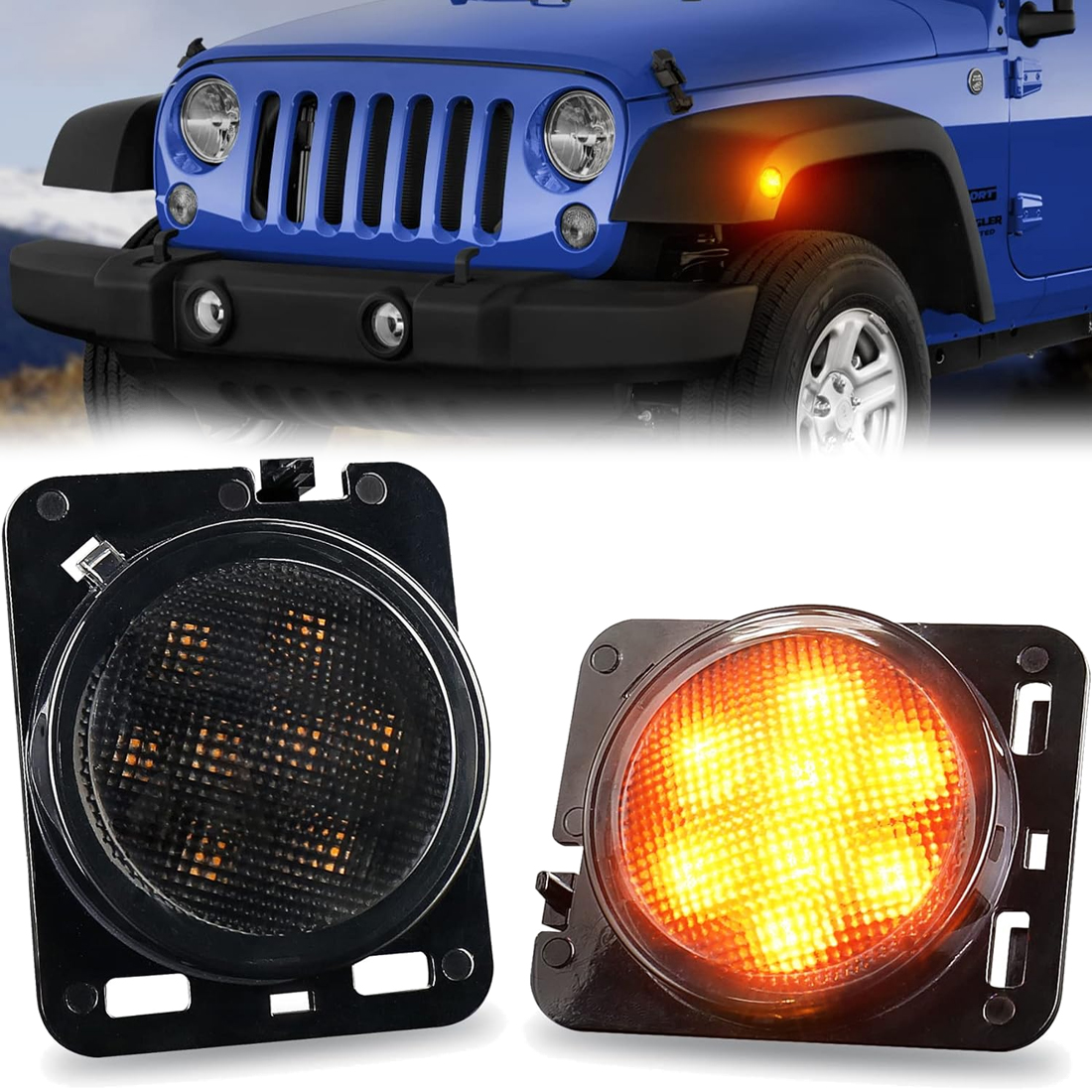 LED Front Fender Side Marker Light Assembly with Clear Smoke Lens, Amber Yellow Turn Signal Lights with Dynamic Sequential Lighting Effects for 2007-2018 Jeep Wrangler JK JKU Rubicon Unlimited