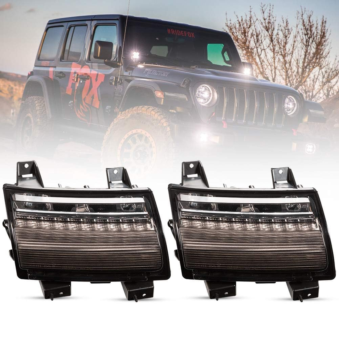 JL Fender Light Kit, Smoked DRL with Sequential Turn Signal + Smoked Side Marker Lights, Front Wheel Eyebrow LED Light Kit for Jeep Wrangler JL 2018 2019 2020 (USA Version)