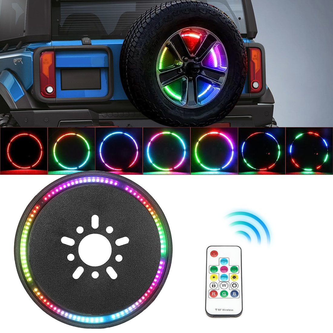 Spare Tire Light Third Brake Light RGB Automotive High Mount Stop Light with Remote Controlled for Jeep Wrangler JK LJ YJ