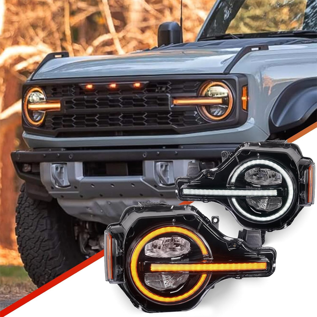LED Headlights Compatible for 2021-2024 Ford Bronco 2 or 4 Door [Base/Big Bend/Badlands/Wildtrak/First Edition/Raptor],w/Sequential Turn Signal,Startup Animated DRL,Not Fit Bronco Sport