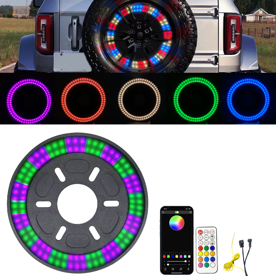 RGB Spare Tire Brake Light,Dual Ring 3rd LED Rear Wheel Lights,Plug and Play Spare Tire Brake And Wheel Light,with 2021-2023 Ford Bronco 3rd Brake Light