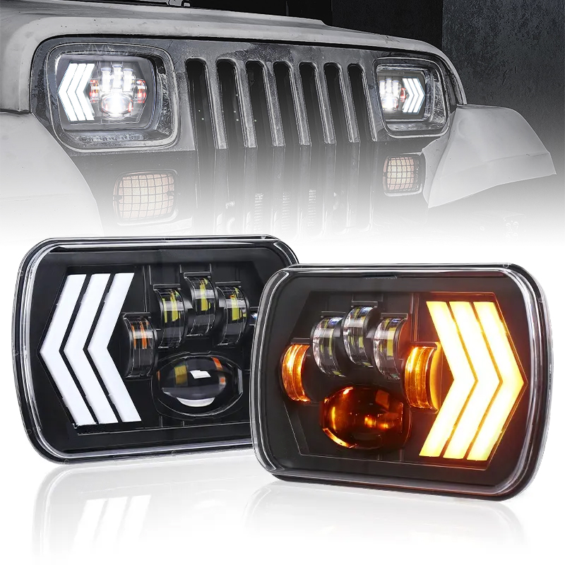 7x6 LED Headlights 55W Square 5x7 inch Headlights with White&Amber Arrow DRL Dynamic Sequential Turn Signal for Wrangler YJ XJ Toyota GMC Trucks H6054 H5054 H6054LL