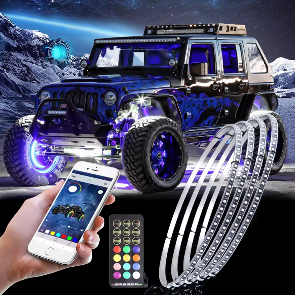 Wholesale 14 inch RGB single row LED brake steering car wheel rim lights aluminum chase down luminous RGB W double row LED car wheel rim lights