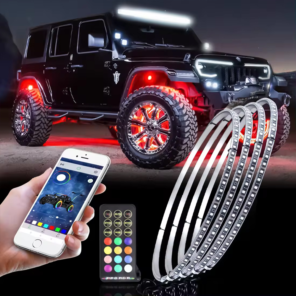 Wholesale 15.5 inch RGB single row LED brake steering car wheel rim lights aluminum chase down luminous RGB W double row LED car wheel rim lights