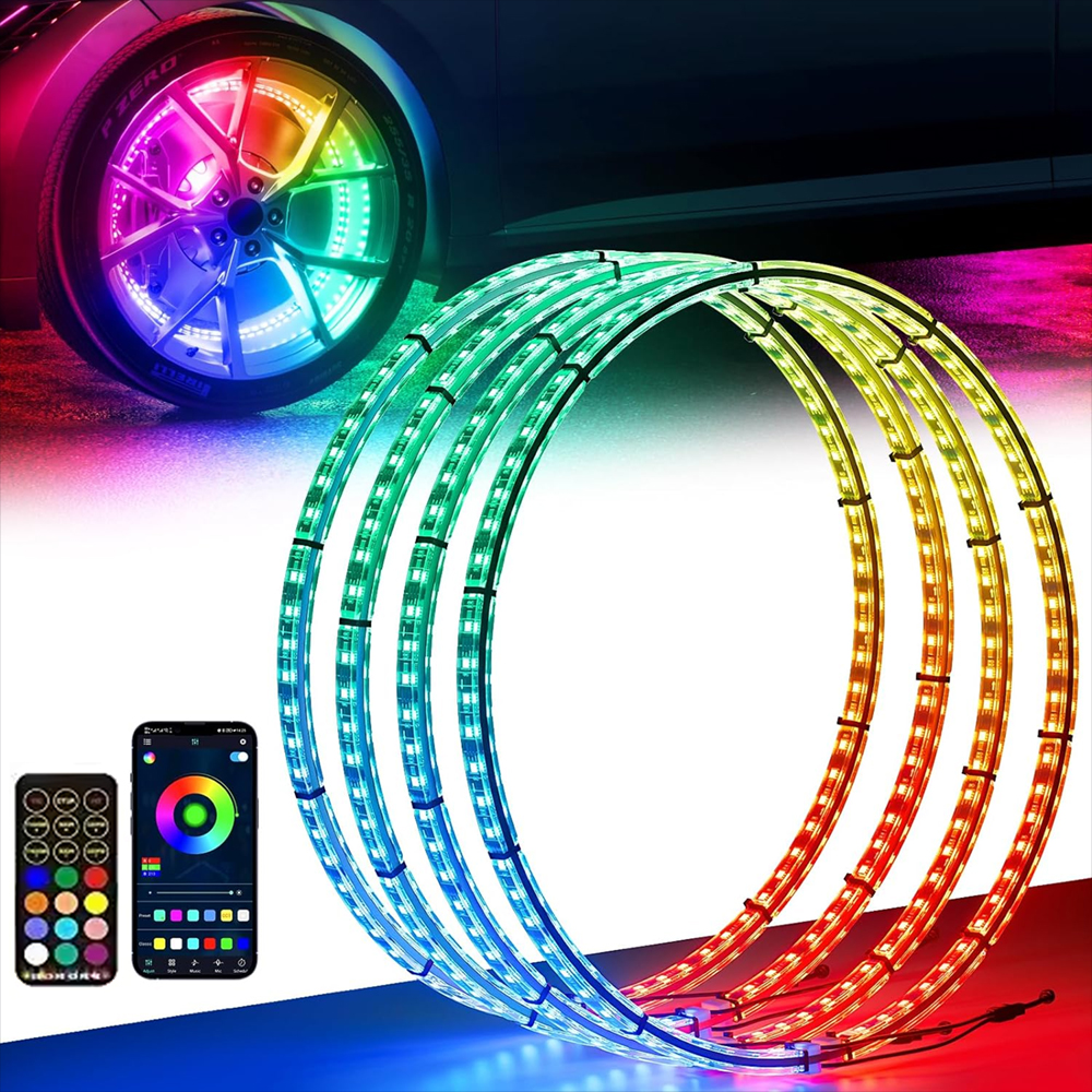 14in Double Row Wheel Ring Lights, Dream Chasing Color Wheel Lights Kit with Music Mode, Rim Lights with APP & Remote Control Compatible with Truck SUV Car Pickup
