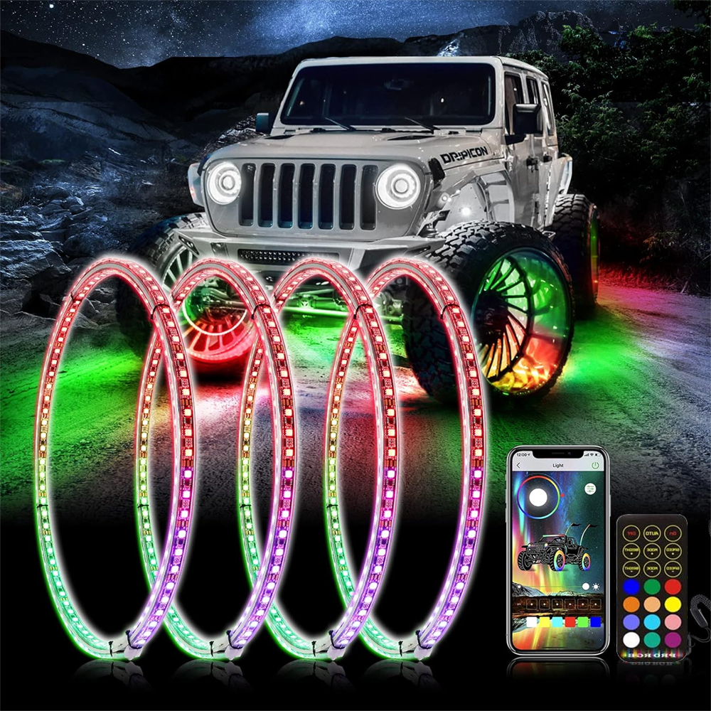 17in Double Row Wheel Ring Lights, Dream Chasing Color Wheel Lights Kit with Music Mode, Rim Lights with APP & Remote Control Compatible with Truck SUV Car Pickup