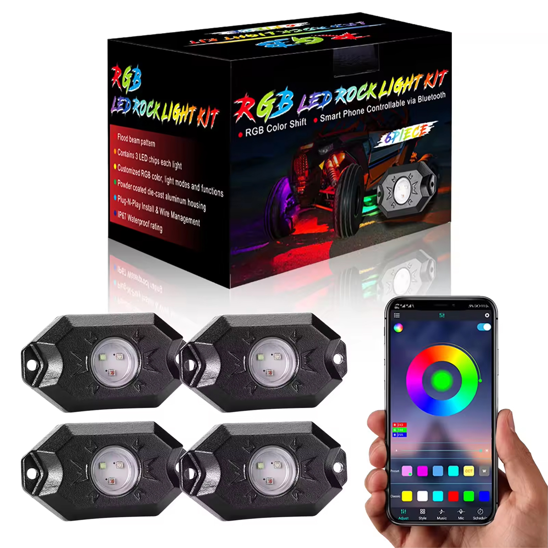 Wholesale App Control Car Underbody Neon Lights 4pc RGB Rgbw Chasing Rock Lights