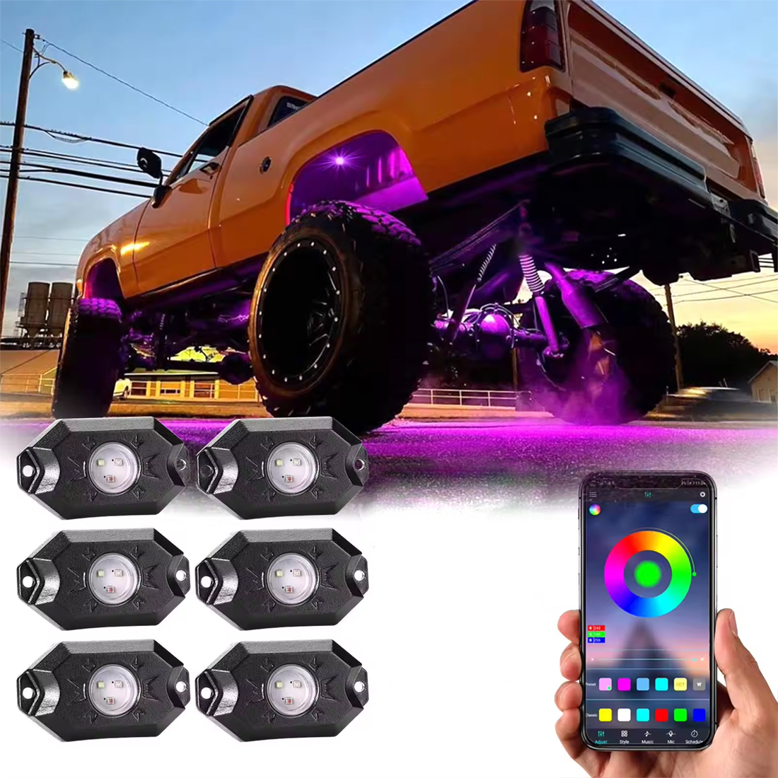 RGB LED Rock Lights Kit, 6 pods Underglow Multicolor Neon Light Pod with Bluetooth App Control Flashing Music Mode IP68 Exterior Wheel Well Light for Truck ATV UTV RZR SUV