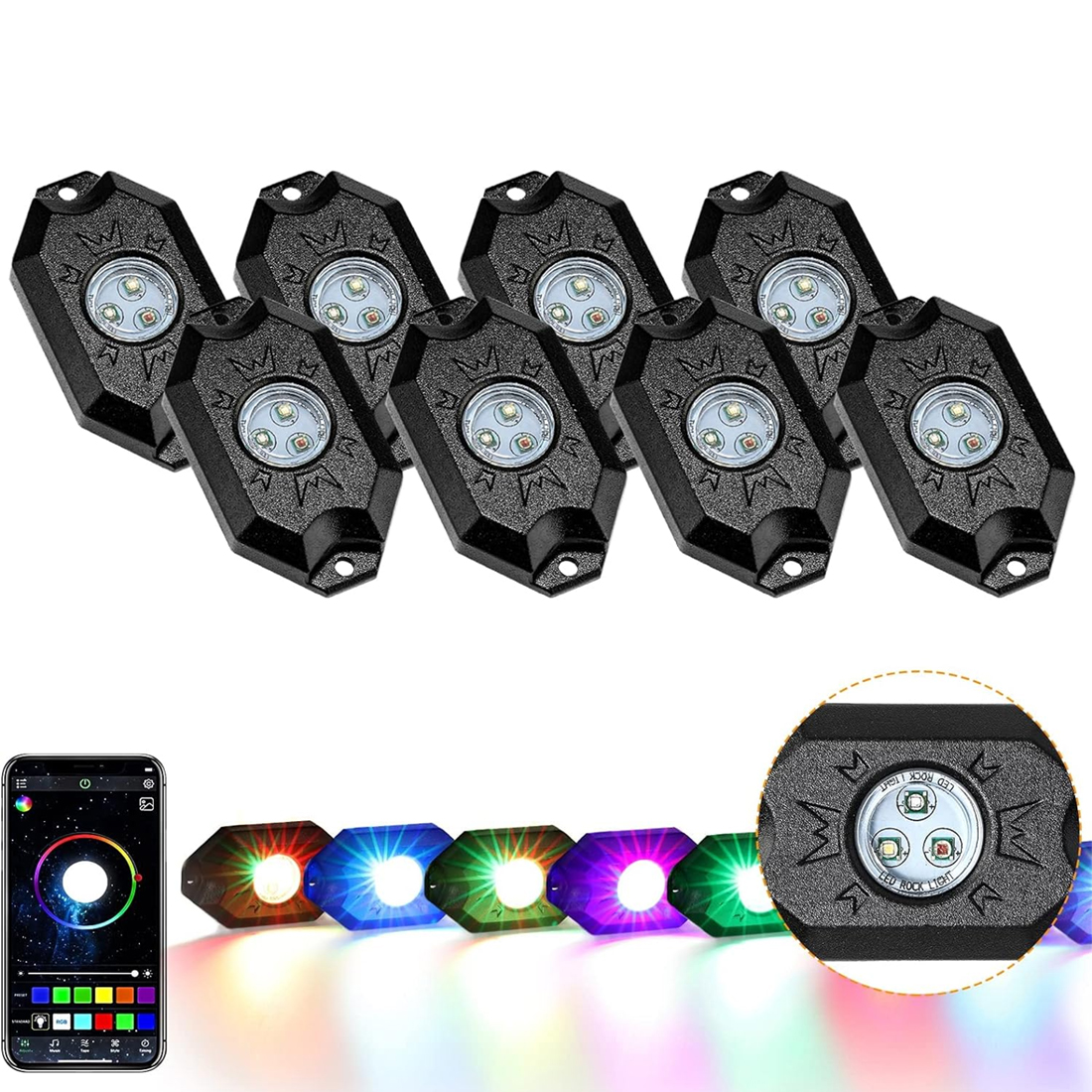 Rock Lights RGB 8 Pods LED Rock Lights for Truck, Under Glow Light Kit for Car UTV Off Road SUV Boat, Bluetooth Wheel Well Lights Compatible with Jeep Rock Lights for ATV, Waterproof