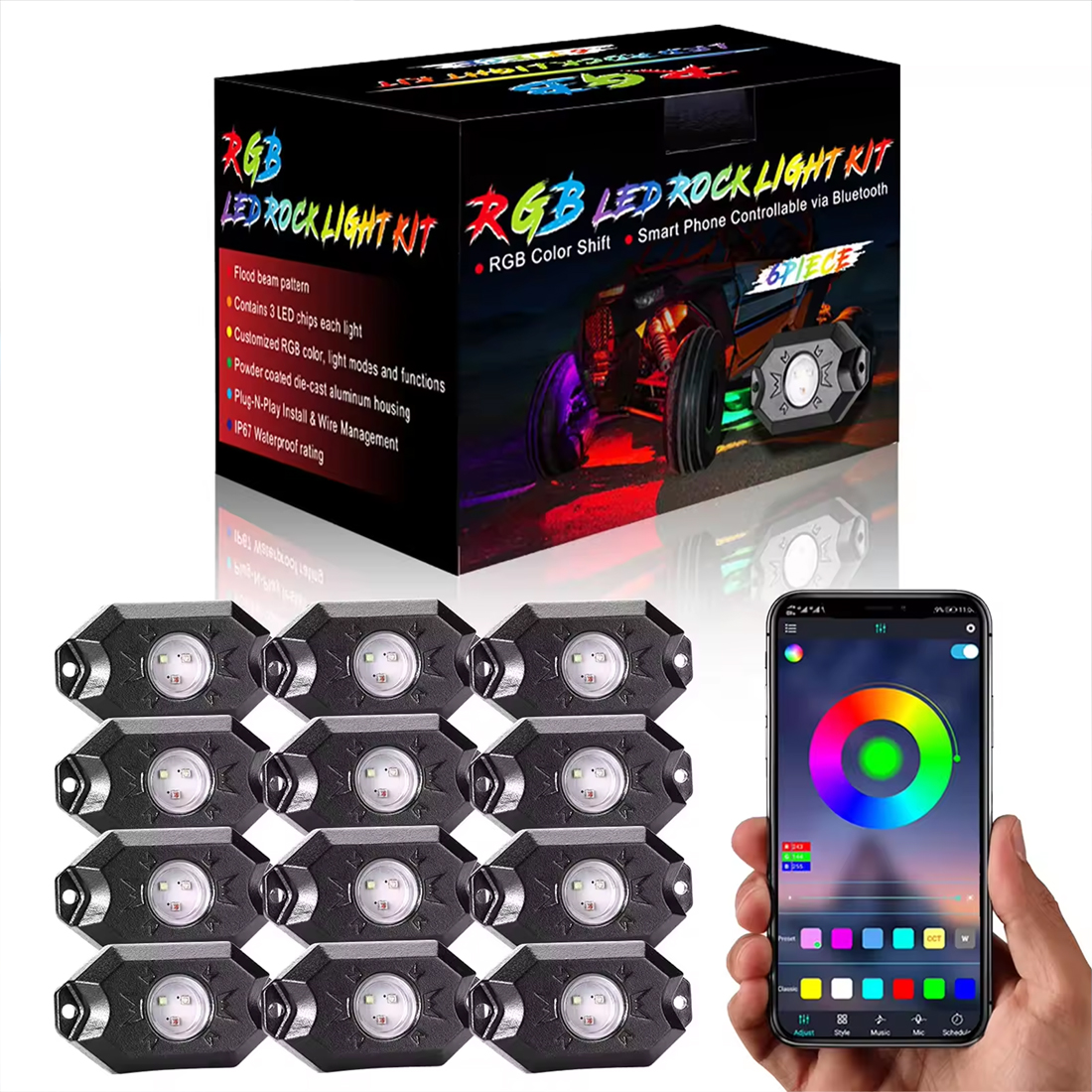 Wholesale APP Controller Timing Function 12 Pods Multicolor Neon LED Light Kit RGB LED Rock Lights For Car Vehicles