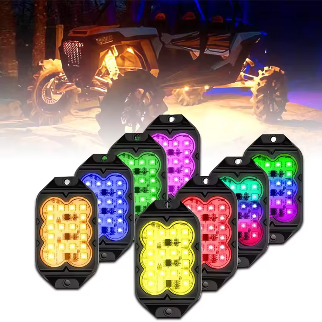 Hot Selling 12V 18W App Control Rgb Color Chasing luz de roca 8 Pod Led Rock Lights Led Underglow Kit For Truck