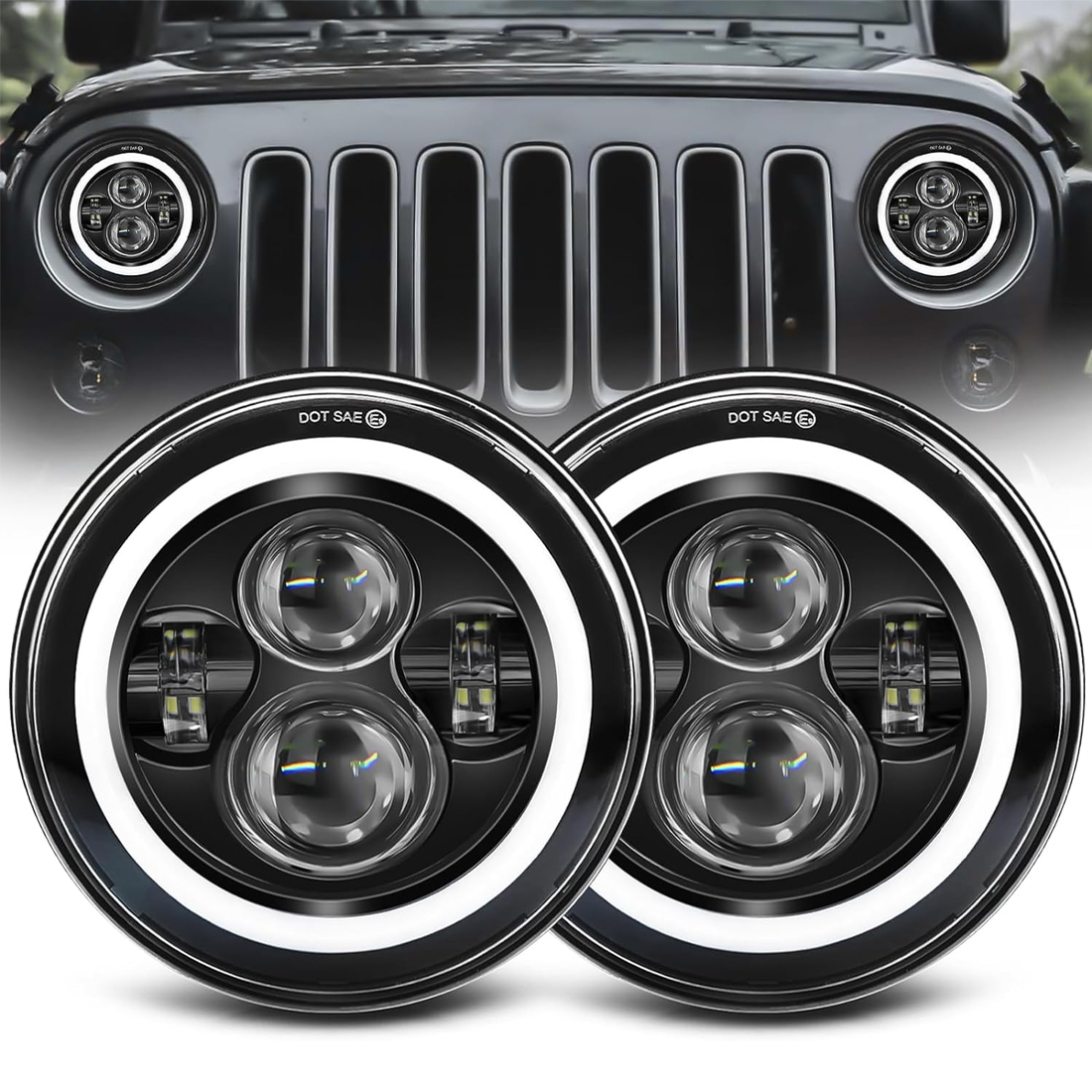 7 inch led Headlight Round 2pc Projector 7 inch Halo led Headlight H6024 DOT Approved Hi/Lo Beam DRL Amber Turn Signal Compatible with Jeep Wrangler JK TJ CJ Compatible with Chevy and miata