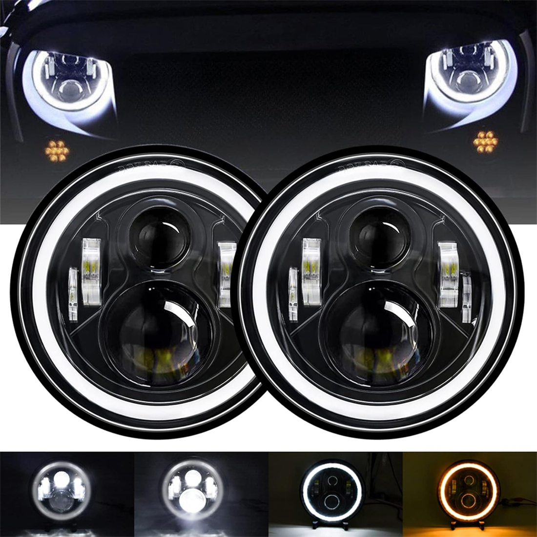 7 Inch Round LED Headlights, H6024 Led Headlight Halo Headlights 7'' Black Headlamps High Low Sealed Beam H4 Adapter Compatible with Jeep Wrangler JK TJ LJ CJ Hummber H1 H2 Miata