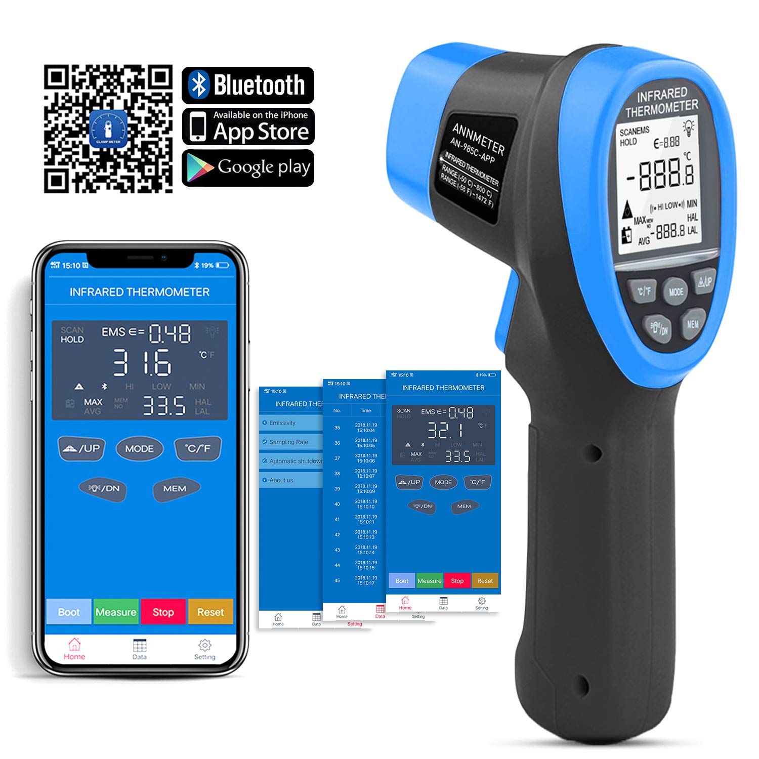 Digital -50-800°C Infrared Thermometer Bluetooth Temperature Gun Phone APP  Meter