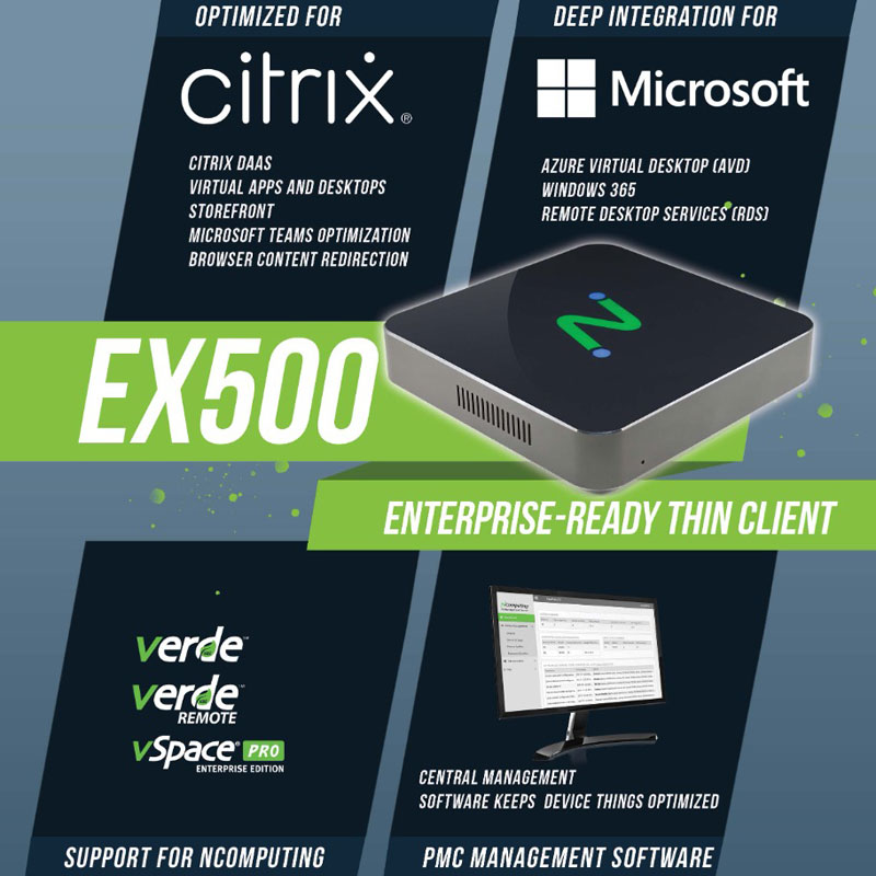 EX500W企业级X86瘦客户机，英特尔四核N5095，支持Citrix、VMware Horizon、Amazon、微软 AVD/RDS和NComputing平台（需单独购买软件许可证），VPN和VNC功能，基于X86方案激活的LEAFOS长期许可证，通过PMC实现设备集中管理
