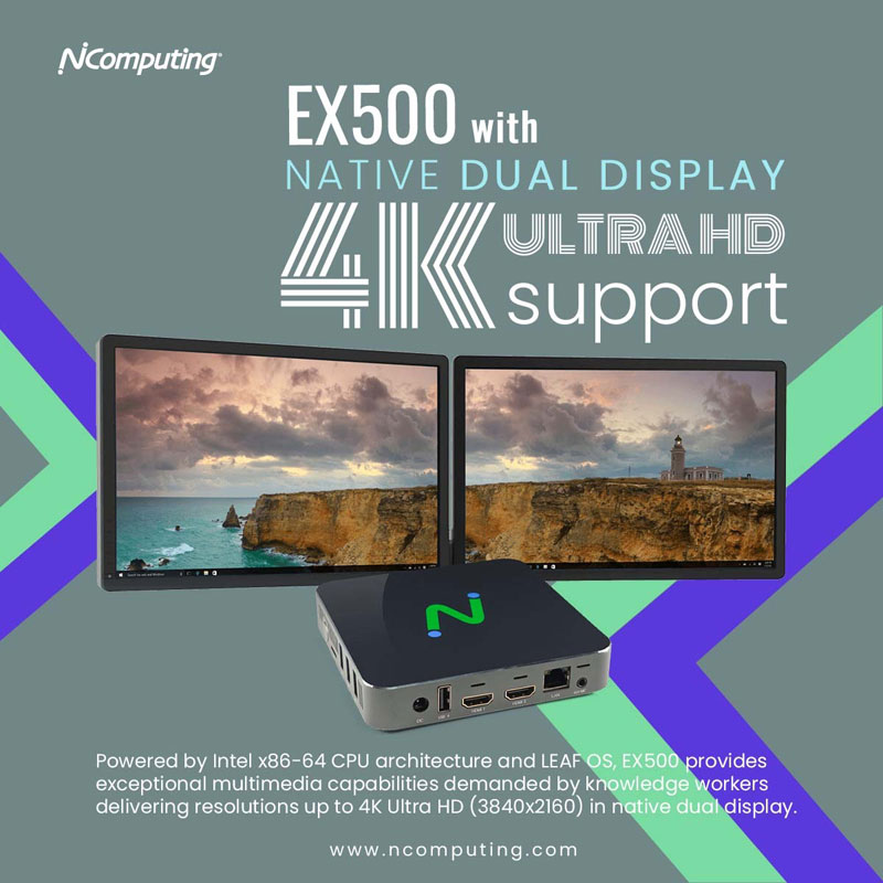 EX500W企业级X86瘦客户机，英特尔四核N5095，支持Citrix、VMware Horizon、Amazon、微软 AVD/RDS和NComputing平台（需单独购买软件许可证），VPN和VNC功能，基于X86方案激活的LEAFOS长期许可证，通过PMC实现设备集中管理